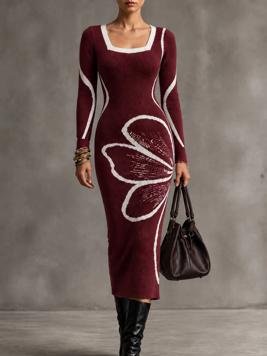 Elenzga Women's Colorblock Fitted Waist Flare Sleeve Dress - Burgundy - View 1