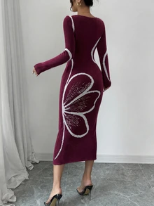 Elenzga Women's Colorblock Fitted Waist Flare Sleeve Dress - Burgundy - View 2