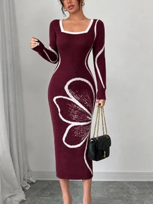 Elenzga Women's Colorblock Fitted Waist Flare Sleeve Dress - Burgundy - View 7