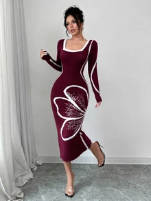 Elenzga Women's Colorblock Fitted Waist Flare Sleeve Dress - Burgundy - View 3