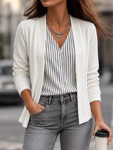 Breezaya Women's Knitted Cardigan With Off-White Black And White Striped Shirt Patchwork 2 In 1 Top Teachers' Day Office Autumn Casual - Apricot - View 1
