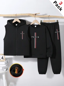 SHEIN 3件組兒童青少年男孩休閒街頭風字母印花圖案圓領套頭寬鬆針織運動衫、針織長褲、絎縫加厚冬季外套連帽大衣、厚款無袖梭織背心 - 黑色 - 查看 5
