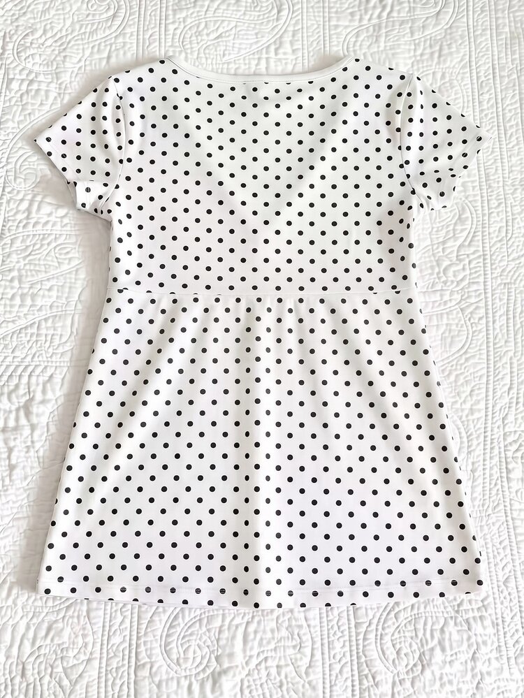 IslaSuriya Kaos Wanita Berlipit Motif Polkadot Kasual Romantis Serbaguna untuk Pemakaian Sehari-hari Liburan Musim Panas Putih dan Hitam Motif Polkadot - MultiWarna - View 2