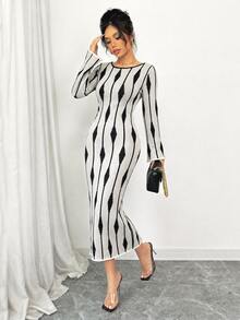 Elenzga Women's All-Over Print Casual Party Knit Dress - Apricot - View 6