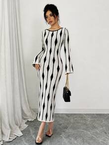 Elenzga Women's All-Over Print Casual Party Knit Dress - Apricot - View 4