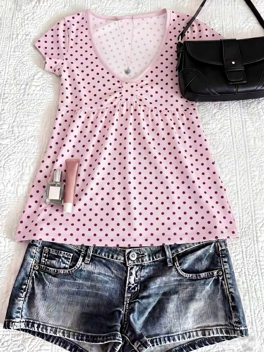 IslaSuriya Women's French Sweet Polka Dot Print Pleated T-Shirt For Dating - Multicolor - View 1