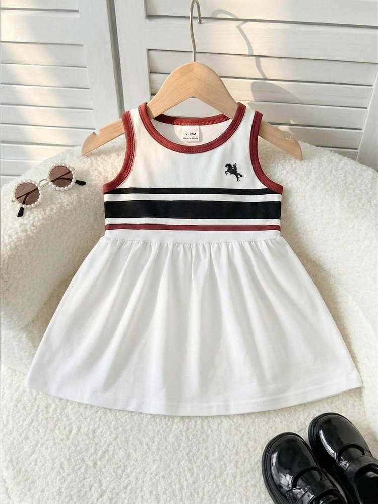 SHEIN 女嬰白色K圖案無袖紅白條紋夏季休閒校園洋裝 經典條紋公主洋娃娃風 適用6個月-3歲幼童 - 彩色 - 查看 6