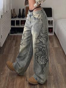 StreetHx Plus Size Retro Vintage Print Flared Leg Jeans - Medium Wash - View 3