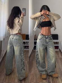 StreetHx Plus Size Retro Vintage Print Flared Leg Jeans - Medium Wash - View 7