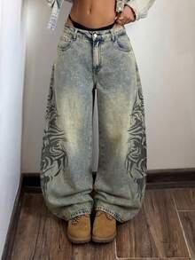 StreetHx Plus Size Retro Vintage Print Flared Leg Jeans - Medium Wash - View 8