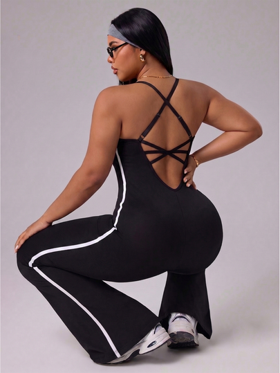 Easithlete Easithlete Spring/Summer Plus Size Women's Sports Jumpsuit Black And White Tight Sexy Thin Strap Front Color Block Striped Back Criss-Cross Hollow Out Shorts Gym