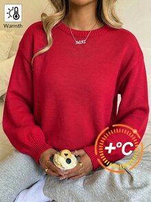 SHEIN 青少年女孩休閒燈籠袖短款純色長袖毛衣，棕色毛衣，秋季毛衣，秋季女孩毛衣，女孩毛衣，秋季毛衣，秋季服飾，外出 - 紅色 - 查看 3