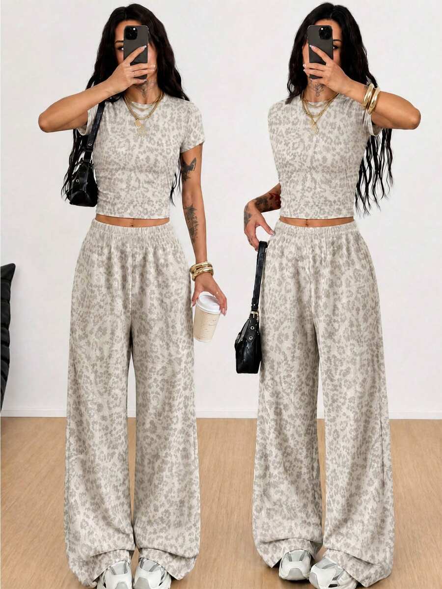 Setelan 2 potong untuk liburan musim panas kasual anak perempuan remaja: Kaos lengan pendek dan celana motif leopard. - Putih - View 1