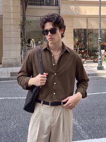 Manfinity Dauomo 男士純色前扣休閒街頭日常短袖/長袖襯衫，俐落版型，成熟風格，度假假日深棕色秋季 - 棕色 - 查看 9