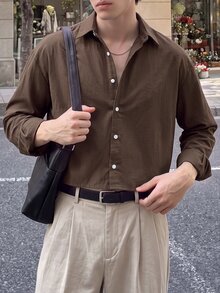 Manfinity Dauomo 男士純色前扣休閒街頭日常短袖/長袖襯衫，俐落版型，成熟風格，度假假日深棕色秋季 - 棕色 - 查看 10