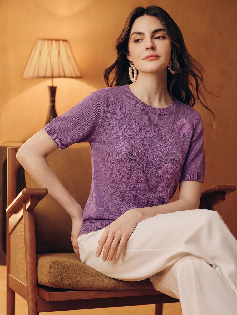 Anewsta Summer Elegant Short Sleeve Knit Solid Color Heavyweight Embroidered Pullover Sweater, Autumn, Autumn Season, Winter, Going Out, Elegant, Leisure, Formal, Party - Purple - View 1