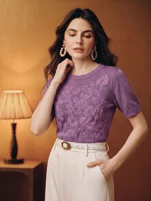 Anewsta Summer Elegant Short Sleeve Knit Solid Color Heavyweight Embroidered Pullover Sweater, Autumn, Autumn Season, Winter, Going Out, Elegant, Leisure, Formal, Party - Purple - View 3