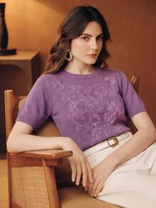 Anewsta Summer Elegant Short Sleeve Knit Solid Color Heavyweight Embroidered Pullover Sweater, Autumn, Autumn Season, Winter, Going Out, Elegant, Leisure, Formal, Party - Purple - View 5