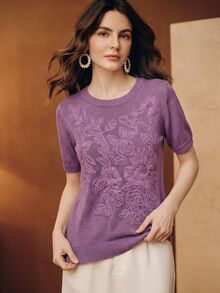 Anewsta Summer Elegant Short Sleeve Knit Solid Color Heavyweight Embroidered Pullover Sweater, Autumn, Autumn Season, Winter, Going Out, Elegant, Leisure, Formal, Party - Purple - View 4
