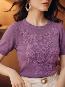 Anewsta Summer Elegant Short Sleeve Knit Solid Color Heavyweight Embroidered Pullover Sweater, Autumn, Autumn Season, Winter, Going Out, Elegant, Leisure, Formal, Party - Purple - View 2