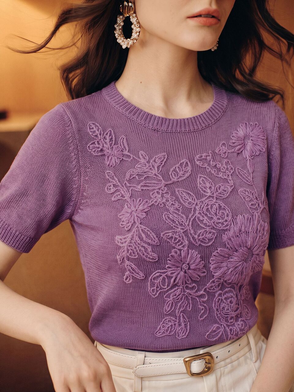 Summer Elegant Short Sleeve Knit Solid Color Heavyweight Embroidered Pullover Sweater, Autumn, Autumn Season, Winter, Going Out, Elegant, Leisure, Formal, Party