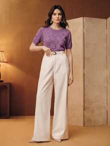 Anewsta Summer Elegant Short Sleeve Knit Solid Color Heavyweight Embroidered Pullover Sweater, Autumn, Autumn Season, Winter, Going Out, Elegant, Leisure, Formal, Party - Purple - View 6