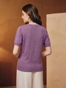 Anewsta Summer Elegant Short Sleeve Knit Solid Color Heavyweight Embroidered Pullover Sweater, Autumn, Autumn Season, Winter, Going Out, Elegant, Leisure, Formal, Party - Purple - View 7