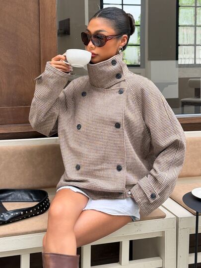 Muchica Khaki gewebte Damen-Hahnentritt-Doppelreiher-Hochkragen-Tweed-Jacke, geeignet für tägliches Pendeln, Streetwear, Versammlungen, Herbst/Winter/Frühling/Sommer, Weihnachten, Neujahr, Thanksgiving, Partys, Abschlussfeiern, elegant, Ausflüge, Dates, Pendeln, Valentinstag, elegant, Y2K, Abschlussfeiern und andere Anlässe