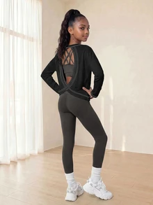 SHEIN 青少年女孩 3 件套背心、內搭褲、長袖 T 恤健身運動套裝，黑色與灰色，秋季端莊簡約風 - 深灰色 - 查看 2