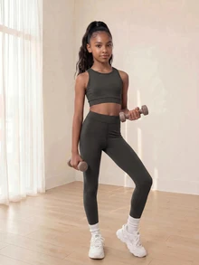 SHEIN 青少年女孩 3 件套背心、內搭褲、長袖 T 恤健身運動套裝，黑色與灰色，秋季端莊簡約風 - 深灰色 - 查看 6