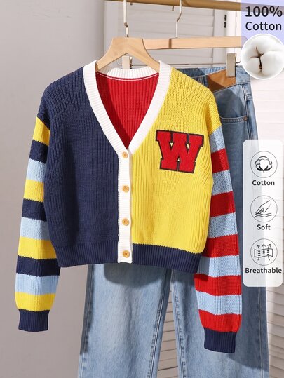 SHEIN Girls' Colorblock Patchwork Pure Cotton Knitted Cardigan, Letter Applique Striped Long Sleeve Sweater Jacket, Cool Girls' Spring Autumn Winter Outerwear Top, V-Neck Sweater Jacket, Baby Fashion Layering Outerwear, Suitable For Daily Wear, Travel, Vacation, School