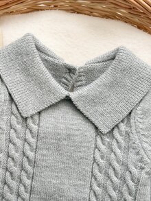 SHEIN 嬰兒男童灰色花卉麻花針織連身衣，翻領設計，適合秋冬穿著，可搭配棉墊外套戶外穿著 - 彩色 - 查看 7