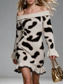 Omancia Elegant Off-Shoulder Leopard Print Long Sleeve Ruffle Hem Sweater Dress For Women - Multicolor - View 4