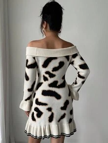 Omancia Elegant Off-Shoulder Leopard Print Long Sleeve Ruffle Hem Sweater Dress For Women - Multicolor - View 2