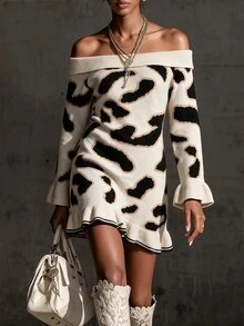 Omancia Elegant Off-Shoulder Leopard Print Long Sleeve Ruffle Hem Sweater Dress For Women - Multicolor - View 1
