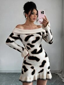 Omancia Elegant Off-Shoulder Leopard Print Long Sleeve Ruffle Hem Sweater Dress For Women - Multicolor - View 7