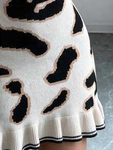 Omancia Elegant Off-Shoulder Leopard Print Long Sleeve Ruffle Hem Sweater Dress For Women - Multicolor - View 9