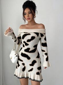 Omancia Elegant Off-Shoulder Leopard Print Long Sleeve Ruffle Hem Sweater Dress For Women - Multicolor - View 6