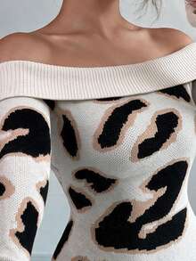 Omancia Elegant Off-Shoulder Leopard Print Long Sleeve Ruffle Hem Sweater Dress For Women - Multicolor - View 8