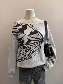 SHEIN EZwear 新款秋冬女款灰色露肩長袖衛衣/街頭風/外出/度假/Y2K/開學季/蝴蝶翅膀圖案 - 彩色 - 查看 4