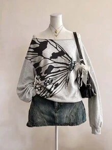 SHEIN EZwear 新款秋冬女款灰色露肩長袖衛衣/街頭風/外出/度假/Y2K/開學季/蝴蝶翅膀圖案 - 彩色 - 查看 6