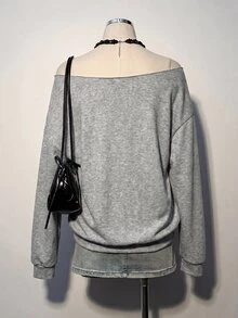 SHEIN EZwear 新款秋冬女款灰色露肩長袖衛衣/街頭風/外出/度假/Y2K/開學季/蝴蝶翅膀圖案 - 彩色 - 查看 7