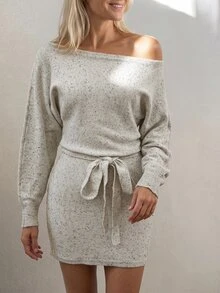 SHEIN LUNE Retro Vacation Off Shoulder Casual Women's Daily Autumn Knitted Dress - Multicolor - View 5