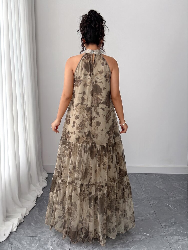 Elenzga Plus Size Women Elegant Woven Sleeveless Double Layer Floral Mesh Dress Wedding Wedding Guest Evening Beige Summer - Khaki - View 2