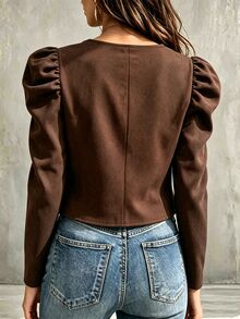 SHEIN Holidaya 女款純色拉鍊前襟花瓣袖休閒夾克 - 棕色 - 查看 2