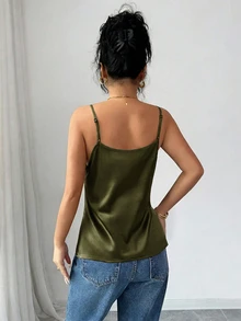 SHEIN Women's Elegant Lace Satin Camisole In Black - Army Green - View 2
