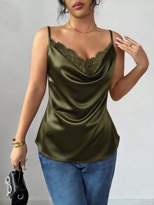 SHEIN Women's Elegant Lace Satin Camisole In Black - Army Green - View 4