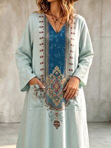 LanaWest Bohemian Exotic Symmetrical Print V-Neck Flared Long Robe Dress Textured Faux Linen Flattering Travel Dress - Gray green - View 8