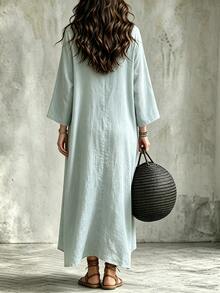 LanaWest Bohemian Exotic Symmetrical Print V-Neck Flared Long Robe Dress Textured Faux Linen Flattering Travel Dress - Gray green - View 2