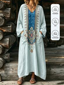 LanaWest Bohemian Exotic Symmetrical Print V-Neck Flared Long Robe Dress Textured Faux Linen Flattering Travel Dress - Gray green - View 5